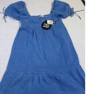 Planet Heart Denim Mini Dress Mid Blue Puff Sleeve Tiered Ruffle ALJD823 S $38